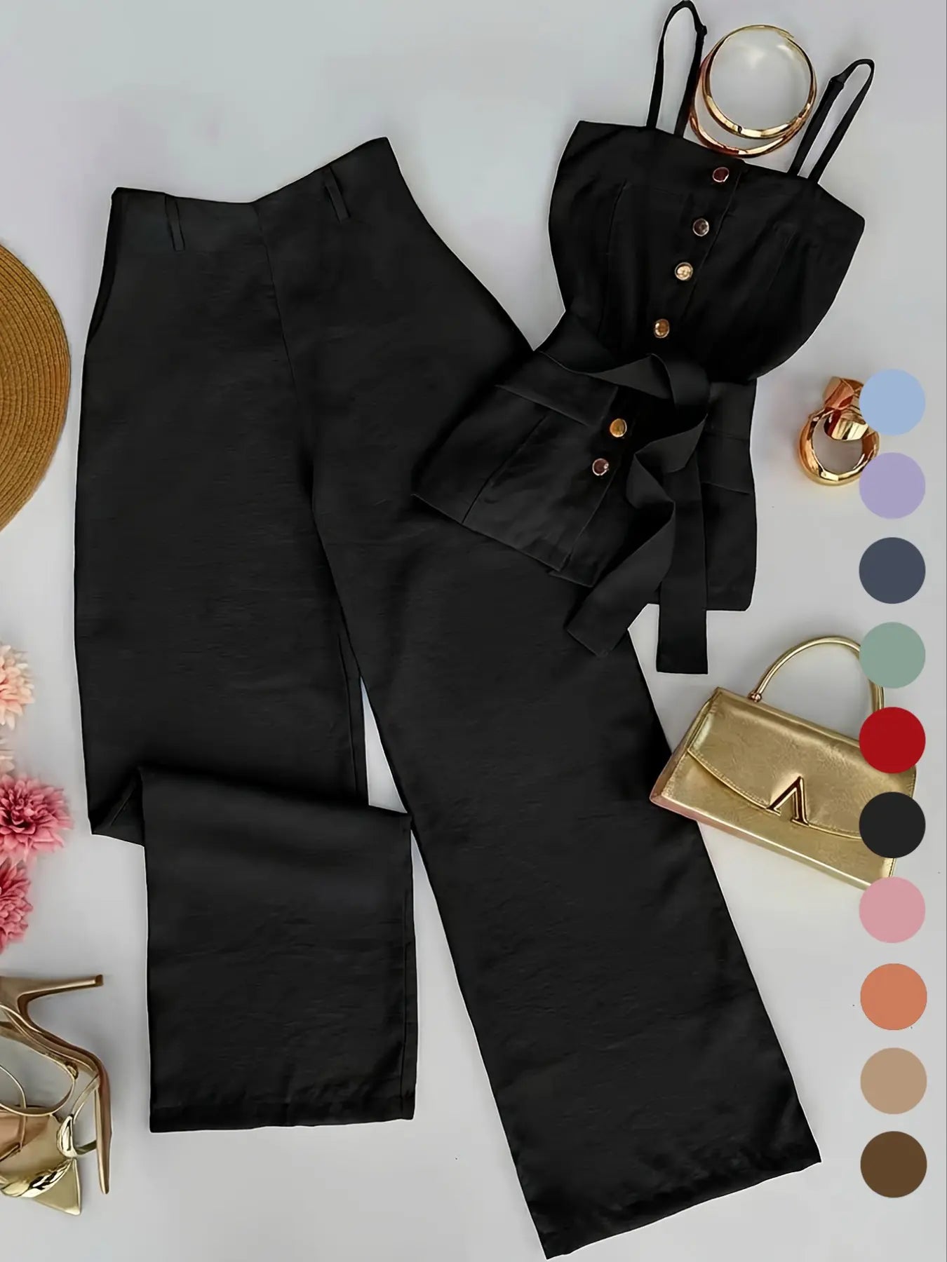 New Women's Solid Color Strappy Top & Long Pants Two-Piece Set, Outfit, Minimalist Basic Versatile Casual Wear, Comfortable and Stylish, Perfect for Daily Use