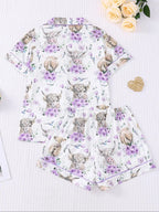 Women's All-Over Cow-Print Contrast-Trim Shirt & Elastic-Waist Shorts Pajama Loungewear Set