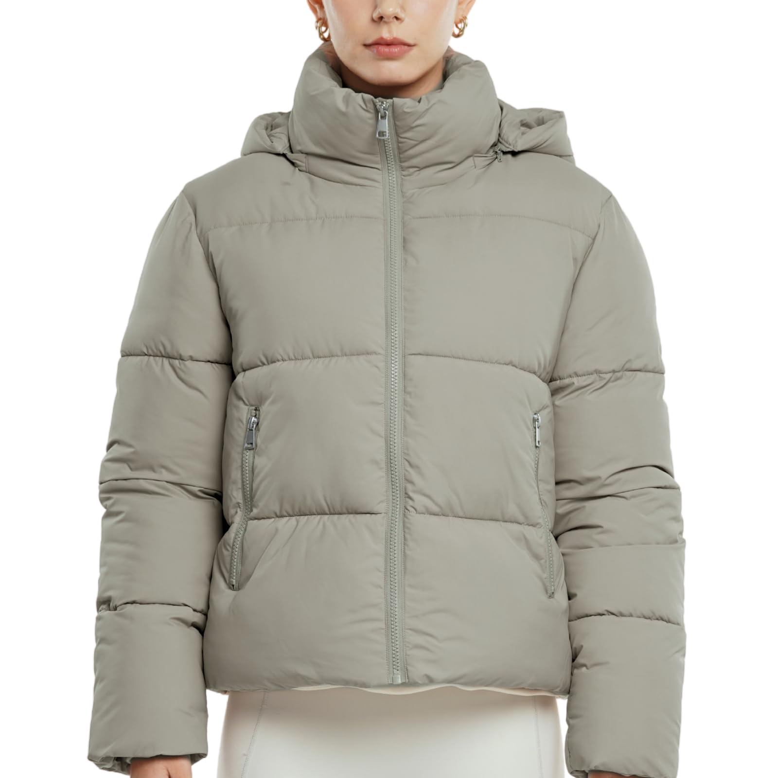 Warm Core Premium Short Puffer Jackets with Removable Hood & Optional Faux Fur Linging, Lady Casual Outerwear Longsleeves Zip Pockets Warm Quilted Coat