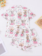 Women's All-Over Cow-Print Contrast-Trim Shirt & Elastic-Waist Shorts Pajama Loungewear Set