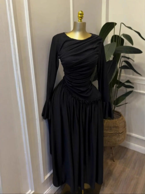 Elegant Chic Women's Long Sleeve O-Neck Big Swing Maxi Dress Woven, Fall & Winter Wear, Sweet Holiday Birthday Party Sexy Dress, Casual Style