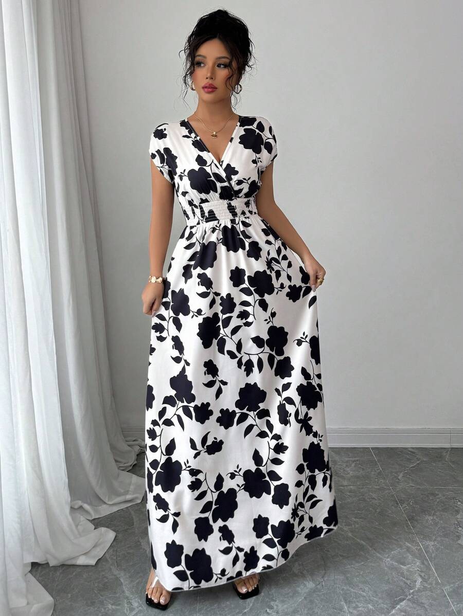 Elenzga Women V-Neck Allover Print Casual Long Dress