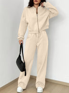 Zip-up Collarless‌ Cardigan Pants Set