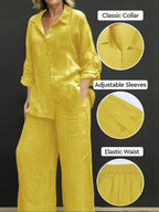 Women's Solid Color Long Sleeve Shirt & Wide Leg Pants Set