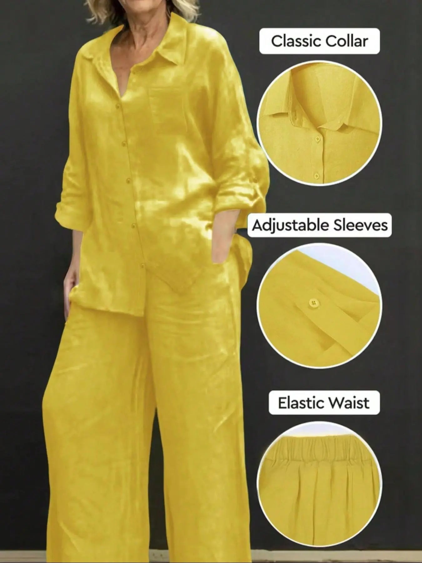 Women's Solid Color Long Sleeve Shirt & Wide Leg Pants Set