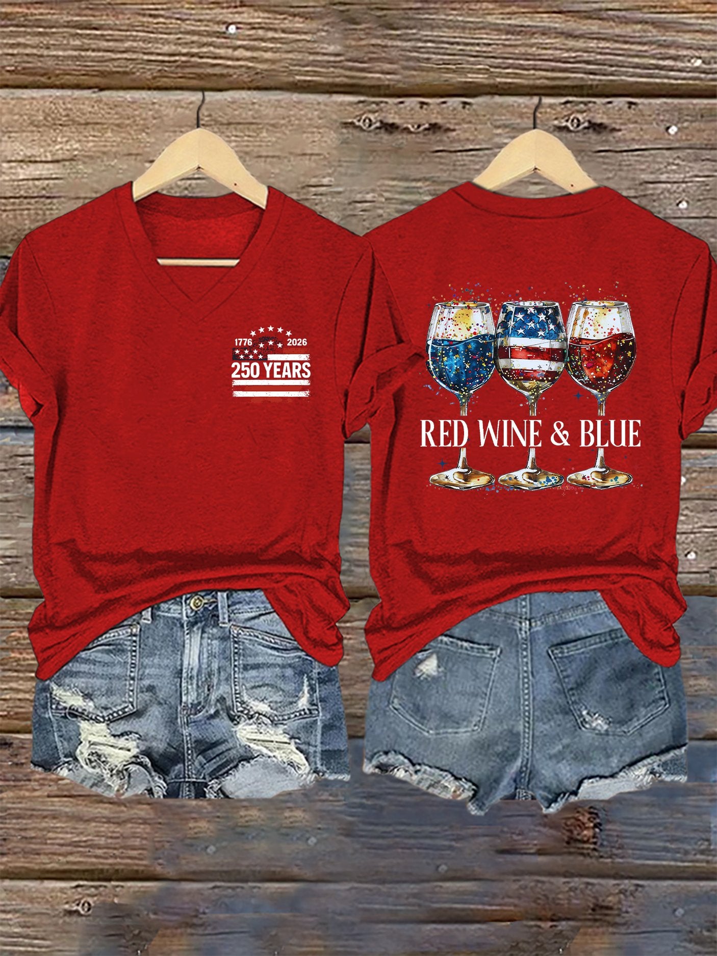 V-Neck Retro 1776–2026 250 Year Red Wine & Blue Print T-Shirt