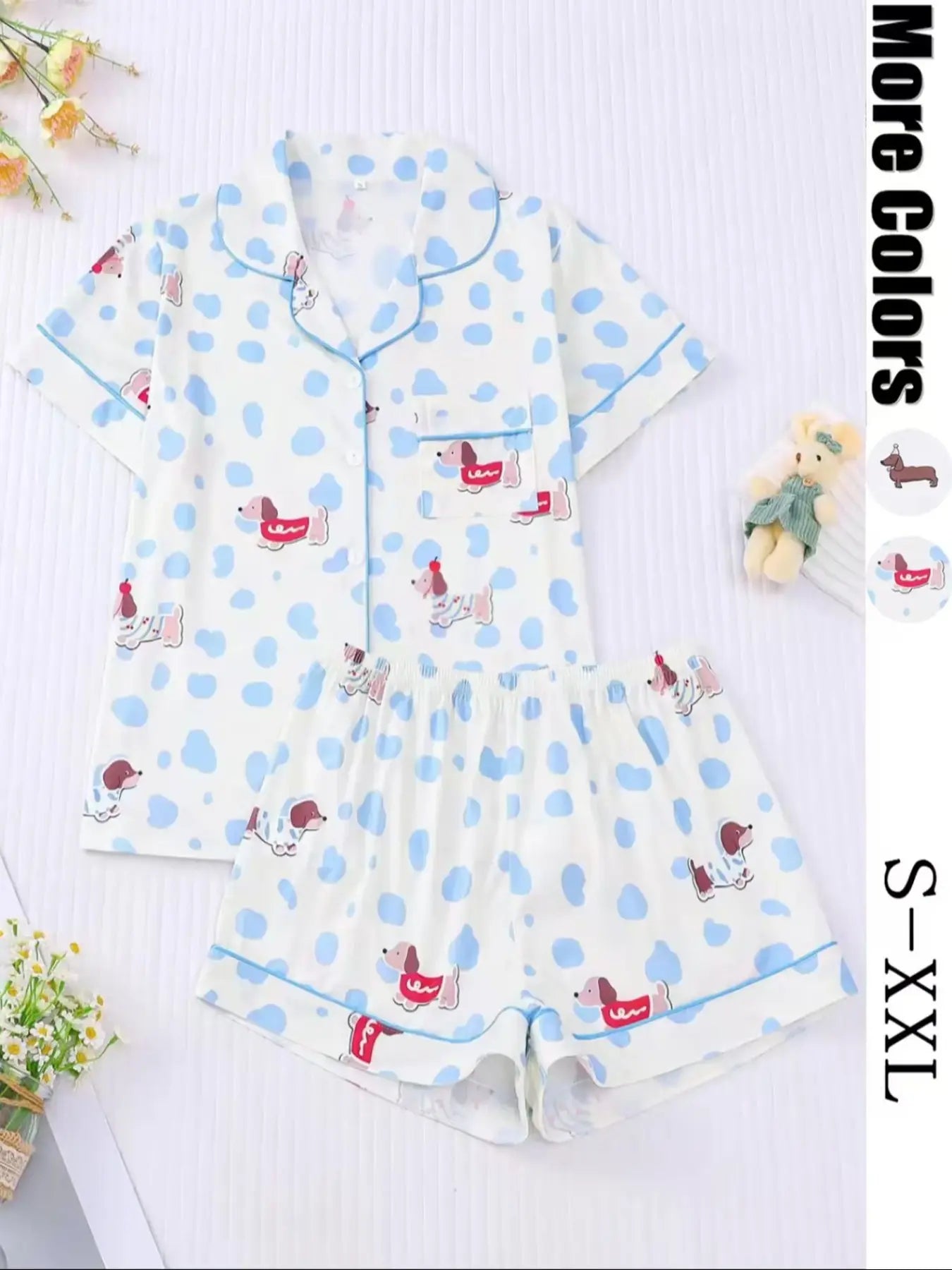 Women's All Over Dachshund Print Shirt & Elastic Waist Shorts Pyjama Two-piece Set
