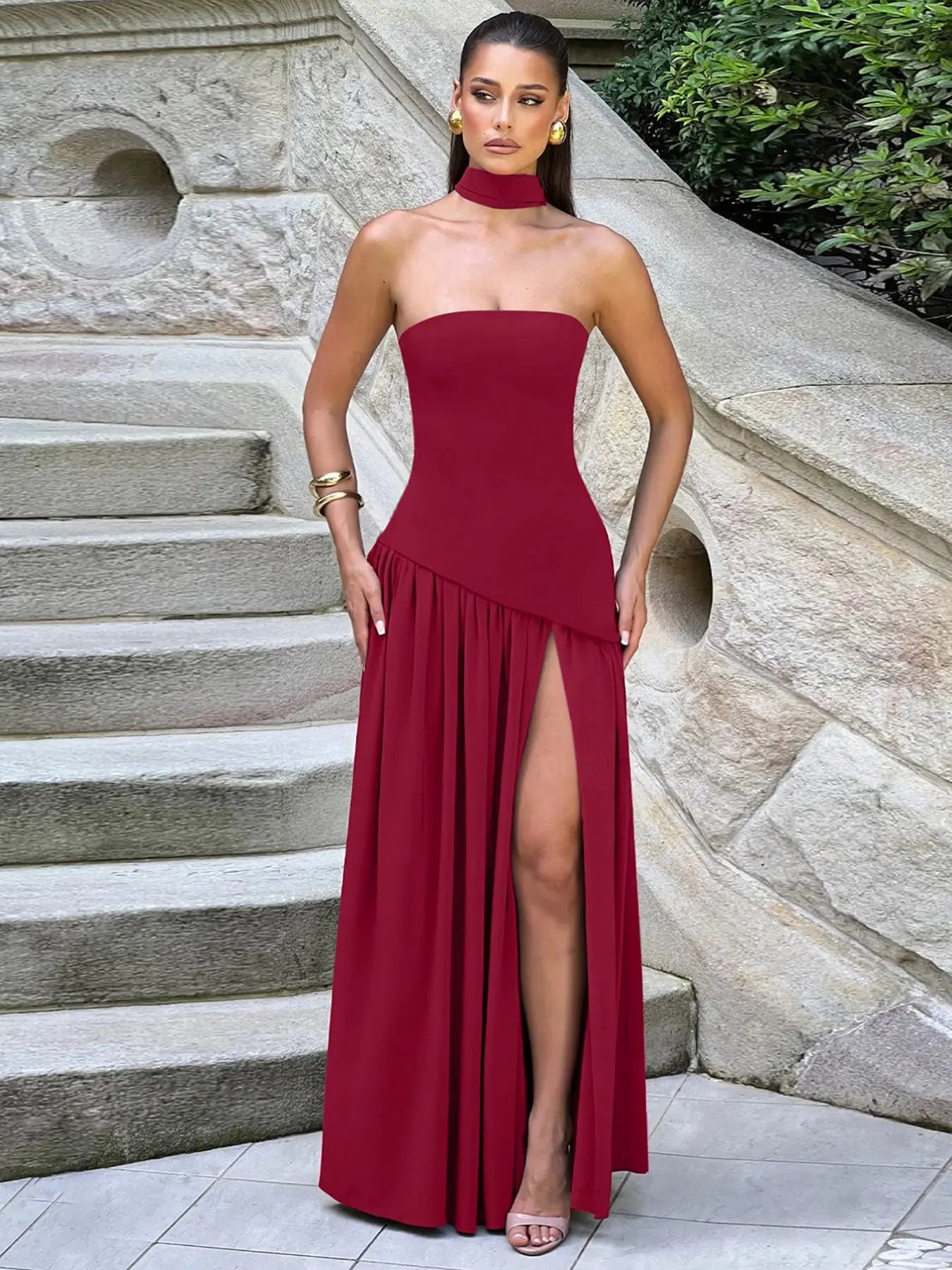 Women's Elegant Strapless Split Thigh Tube Dress