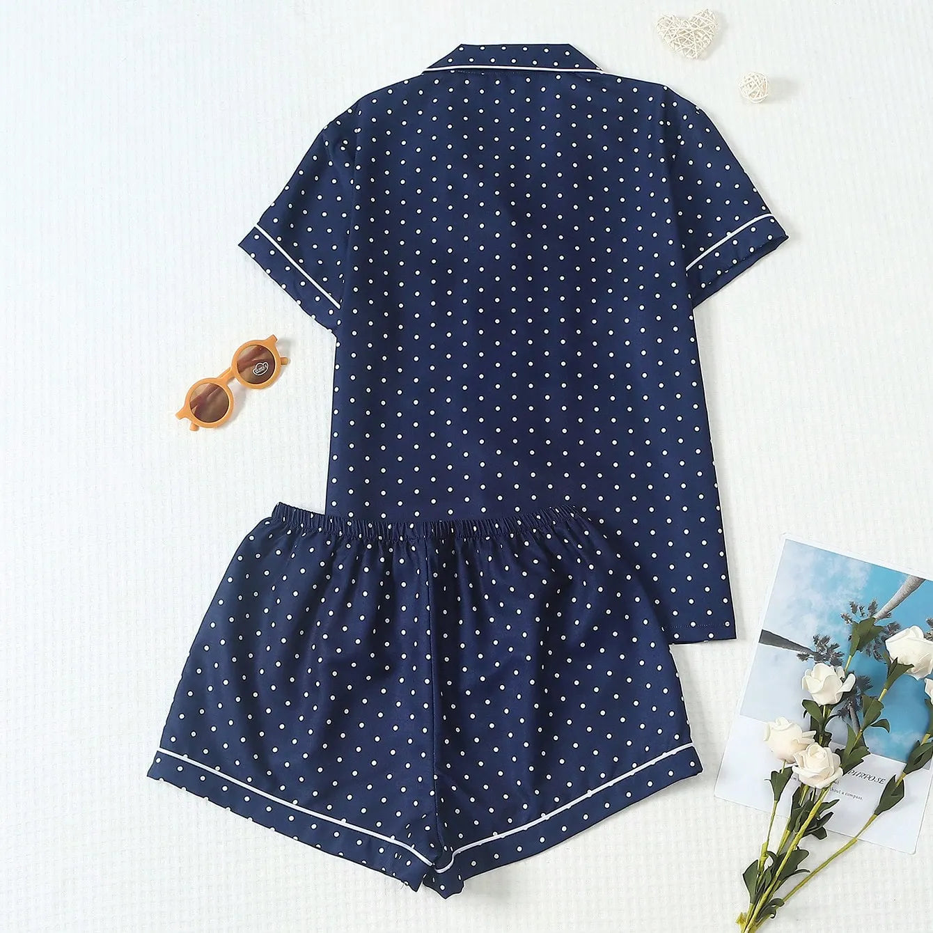2pcs/Set Women's Mini Polka Dot Printed Pajama Set With Contrast Trim Button-Down Shirt And Bowknot Shorts, Perfect For Home Wear In Summer White Set,Two Pieces Set