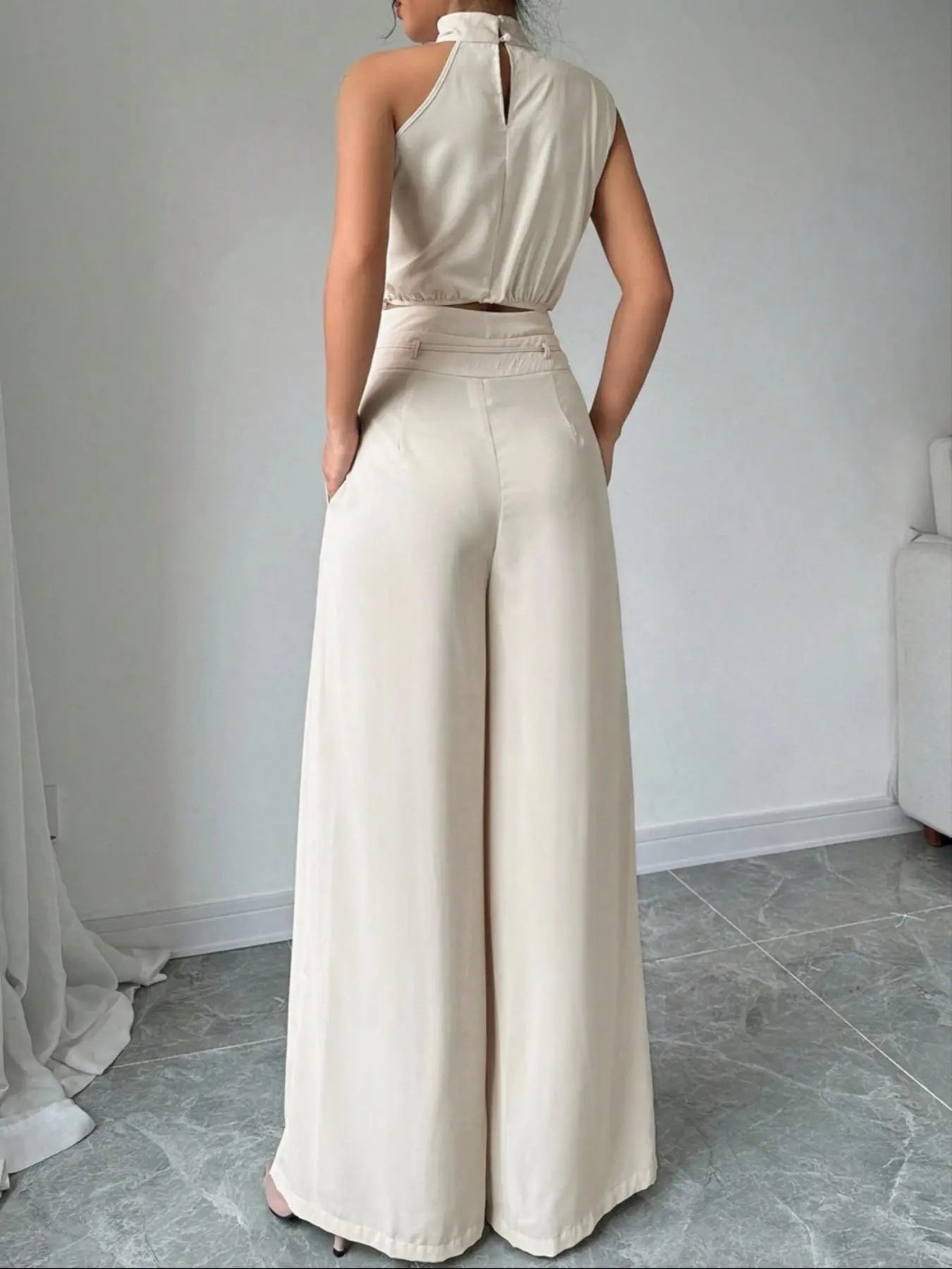 Women's Elegant Two-Piece Set, Irregular Crop Top & Wide-Leg Pants