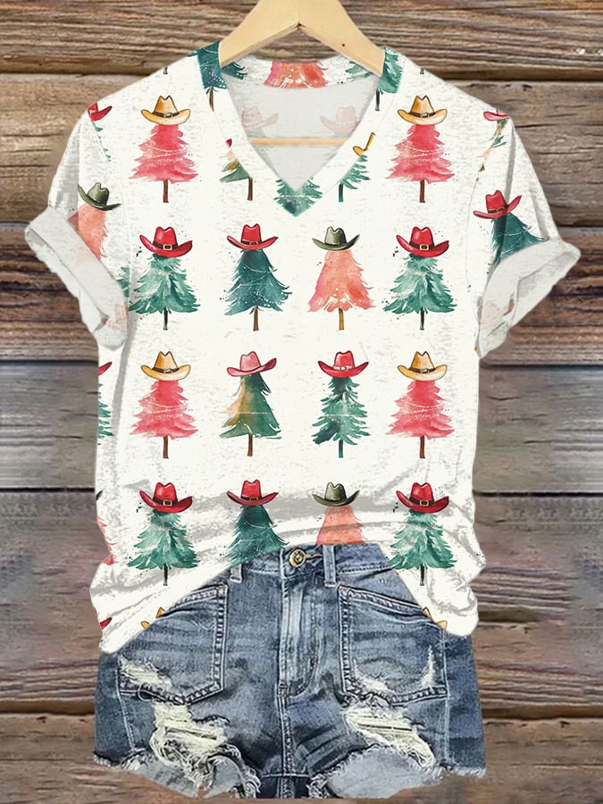 V-Neck Retro Texas Cowboy Christmas Tree Print T-Shirt