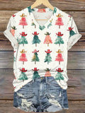 V-Neck Retro Texas Cowboy Christmas Tree Print T-Shirt