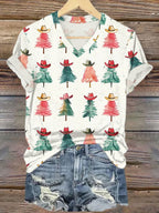 V-Neck Retro Texas Cowboy Christmas Tree Print T-Shirt