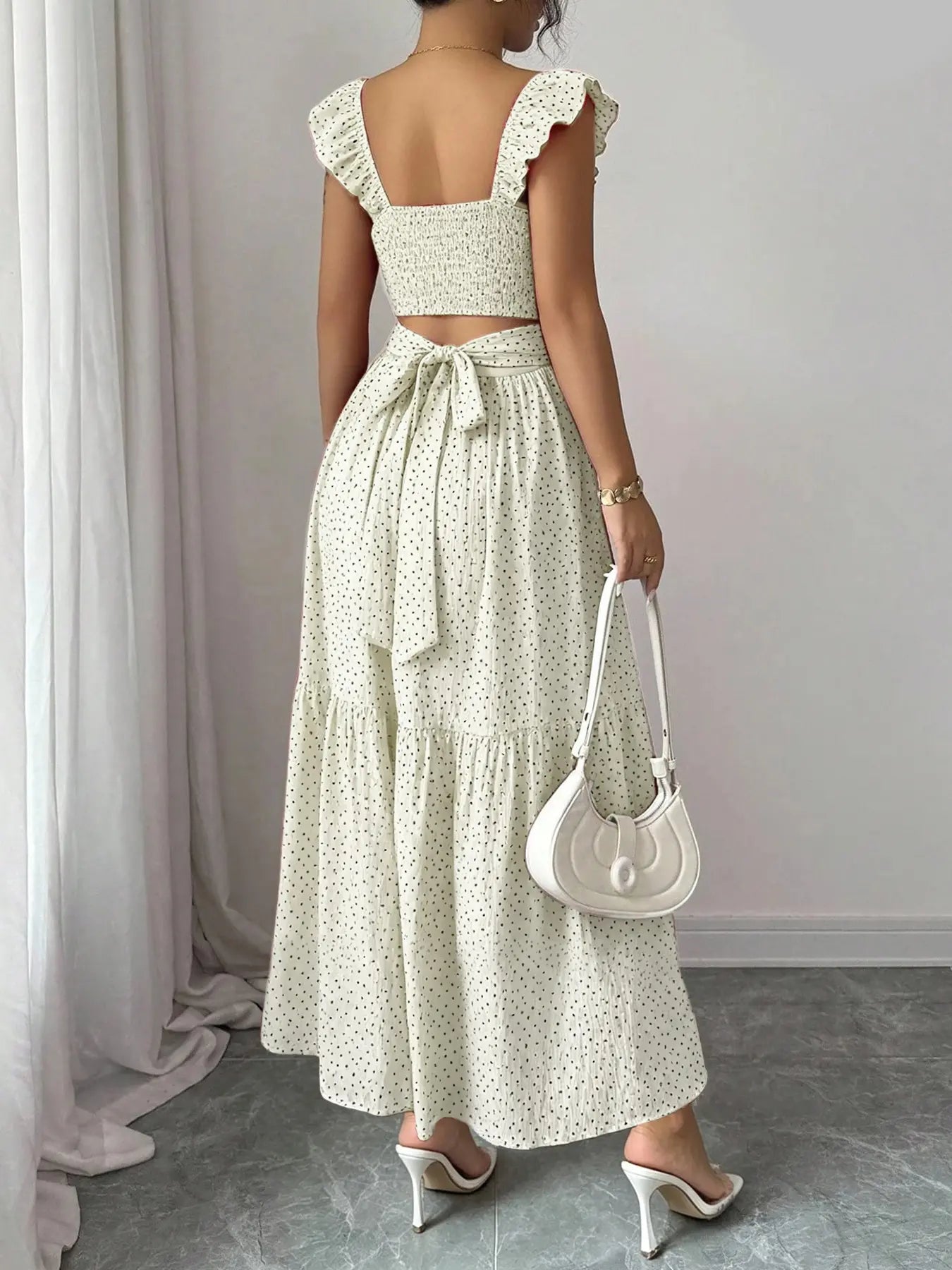 Spring & Summer Ruffled Polka Dot Maxi Dress with Back Tie