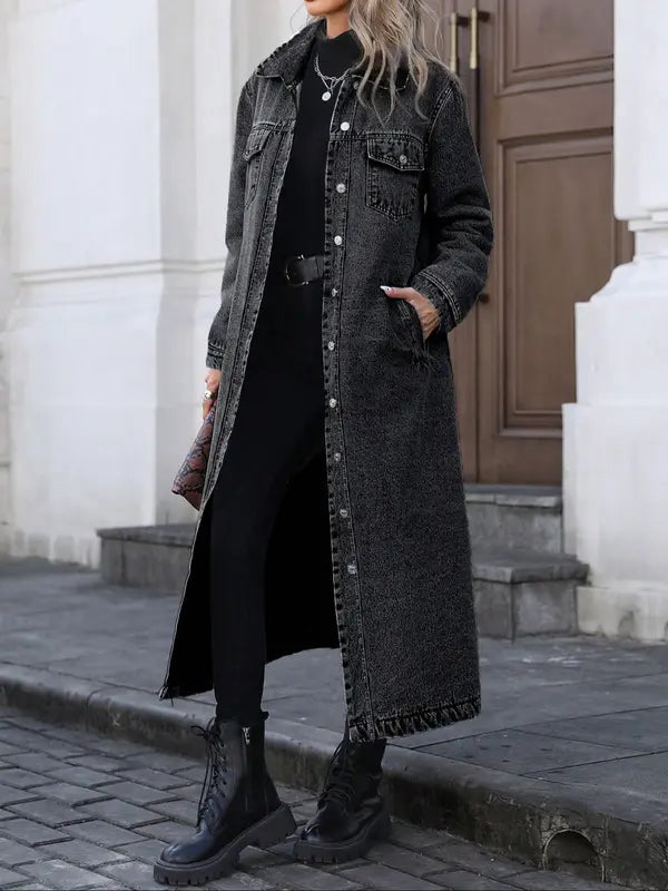 Women's Button Front Denim Coat, Elegant Casual Long Sleeve Denim Jacket for Spring & Fall, Women's Clothing for Daily Wear, Outerwear