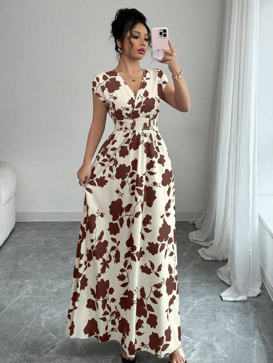 Elenzga Women V-Neck Allover Print Casual Long Dress