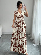 Elenzga Women V-Neck Allover Print Casual Long Dress