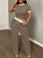 Women's New Casual Color-Blocked Round Neck Short Sleeve Two-Piece Set