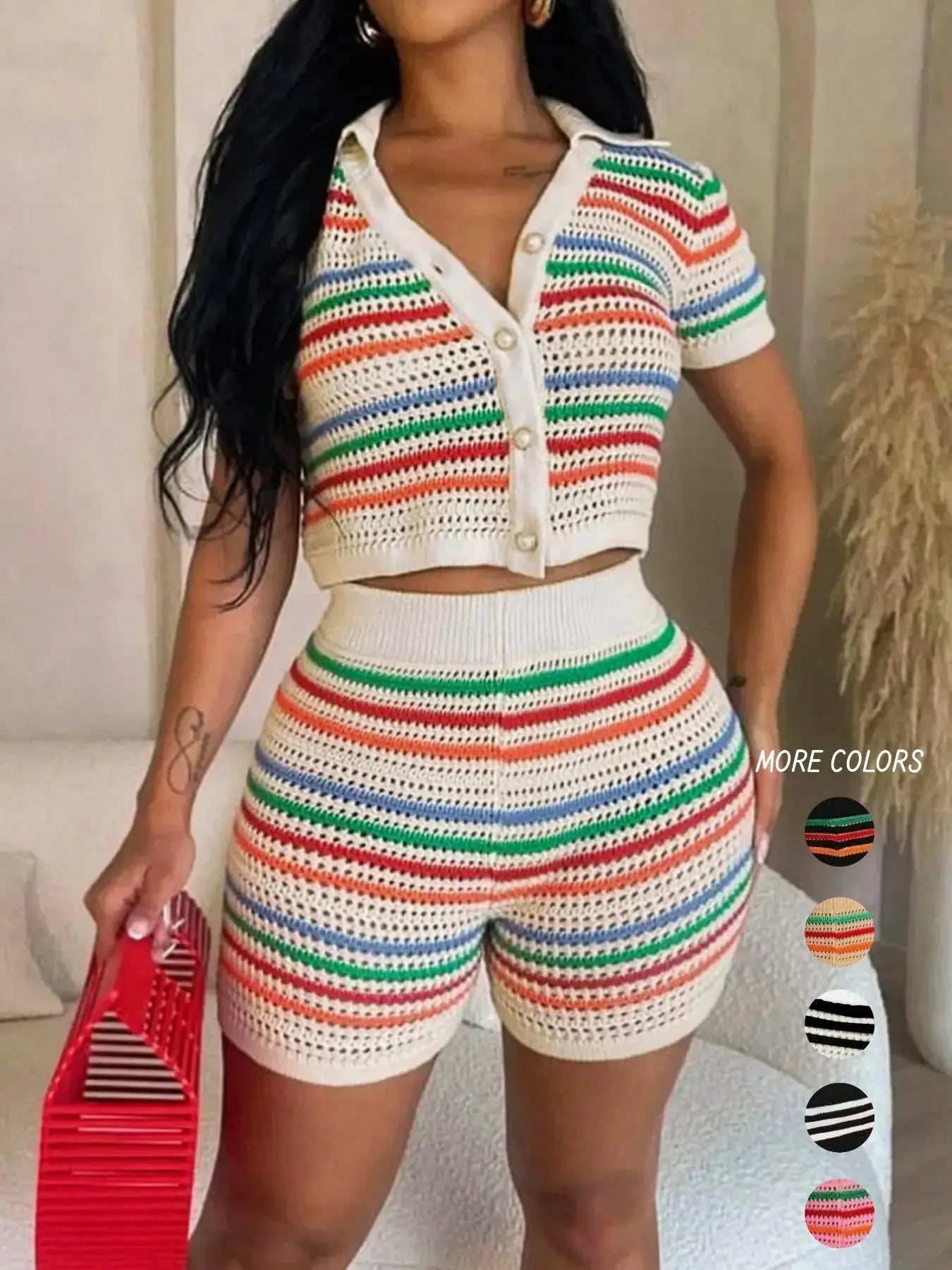 Women's Colorblock Striped Print Button Front Fitted Crop Cardigan & High Waist Shorts Sweater Co-ord Set, Casual Short Sleeve Collared Top & Skinny Shorts for Summer