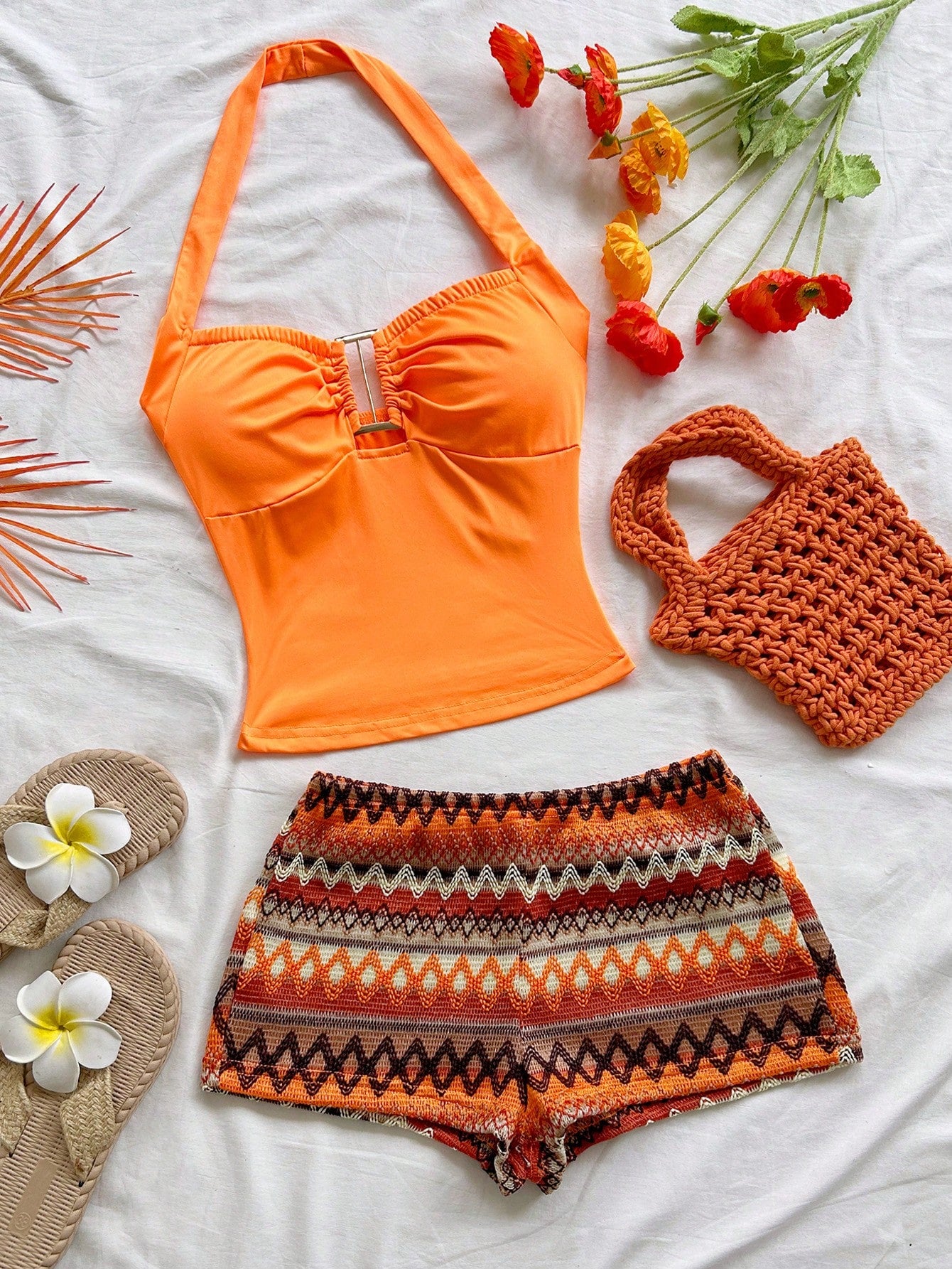 Soleia Women's Vacation Striped Halter Top And Shorts Casual 2 Pieces Set