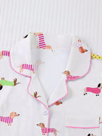 2pcs Women's Pajama Set, Dachshund Puppy Print, Women's Loungewear, Spring/Summer Holiday Outfit, Short Sleeve Lapel Top And Shorts Set Suitable For Outdoor Wear
