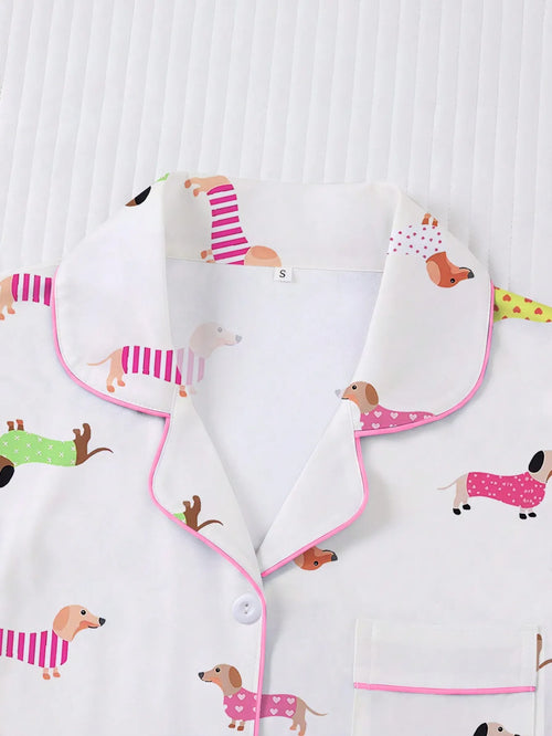 2pcs Women's Pajama Set, Dachshund Puppy Print, Women's Loungewear, Spring/Summer Holiday Outfit, Short Sleeve Lapel Top And Shorts Set Suitable For Outdoor Wear