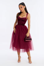 Constanza Velvet Tulle Midi Dress - Black
