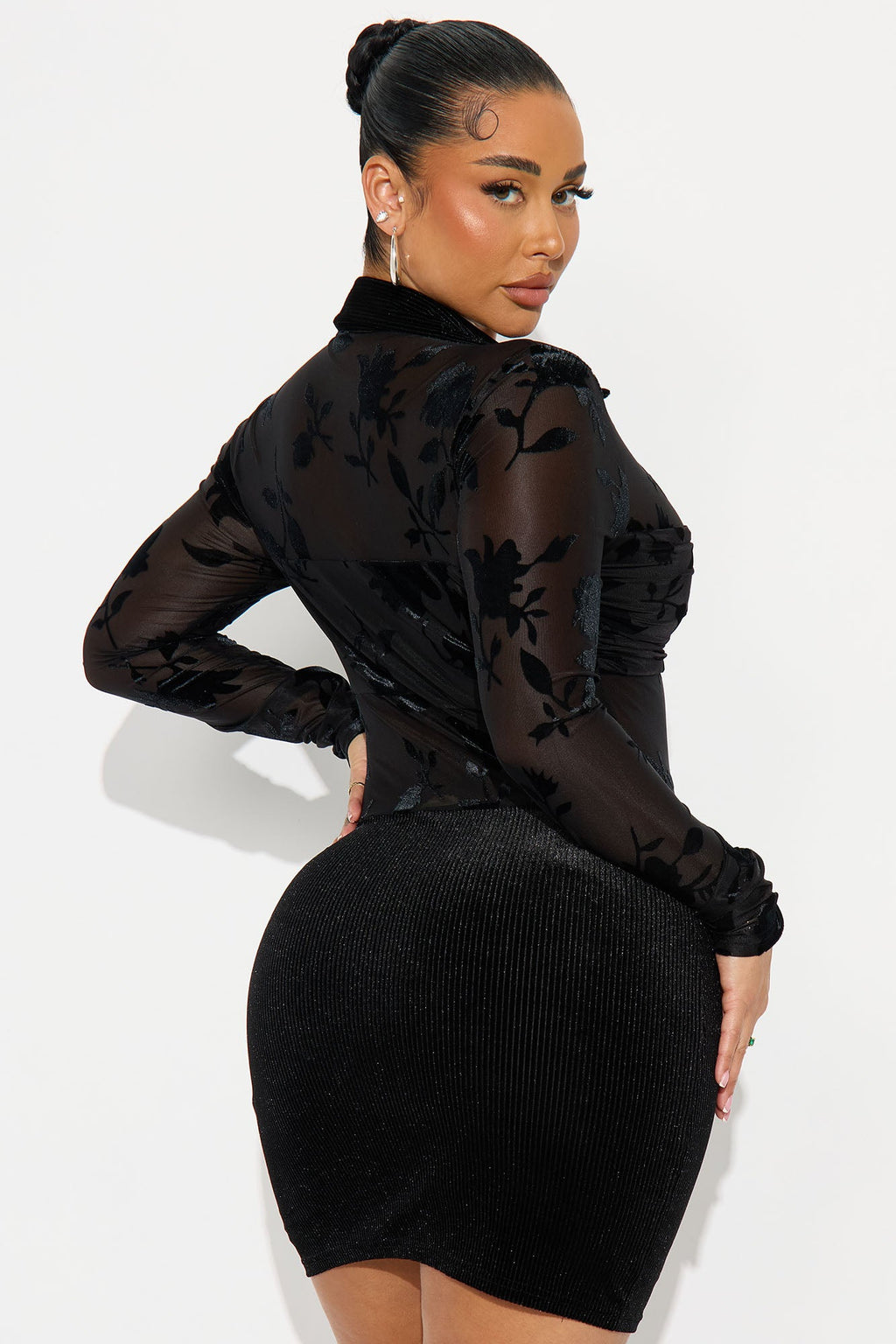 Celine Collar Flocked Mesh Mini Dress - Black