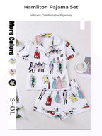 Hamilton Musical Themed Women's Pajama Set, Short Sleeve Shirt Collar Button Soft Top & Elastic Shorts, Casual Home Wear