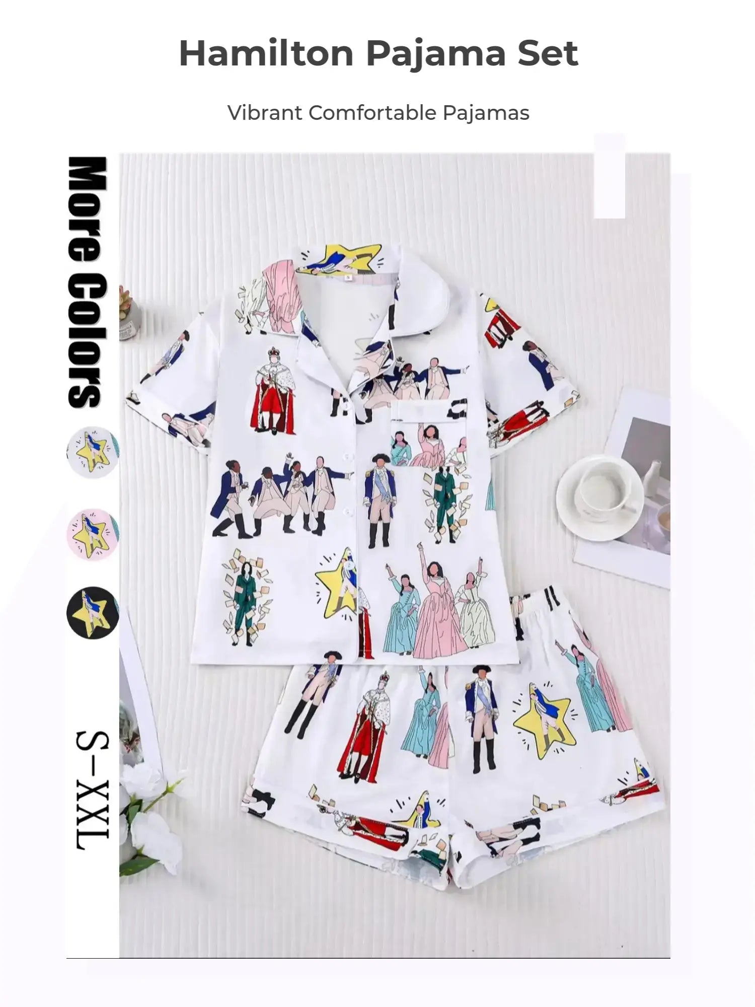 Hamilton Musical Themed Women's Pajama Set, Short Sleeve Shirt Collar Button Soft Top & Elastic Shorts, Casual Home Wear