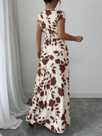 Elenzga Women V-Neck Allover Print Casual Long Dress
