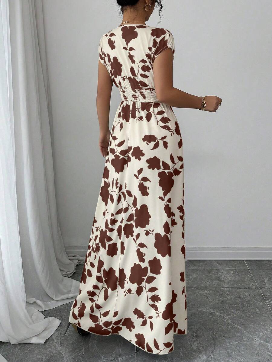 Elenzga Women V-Neck Allover Print Casual Long Dress