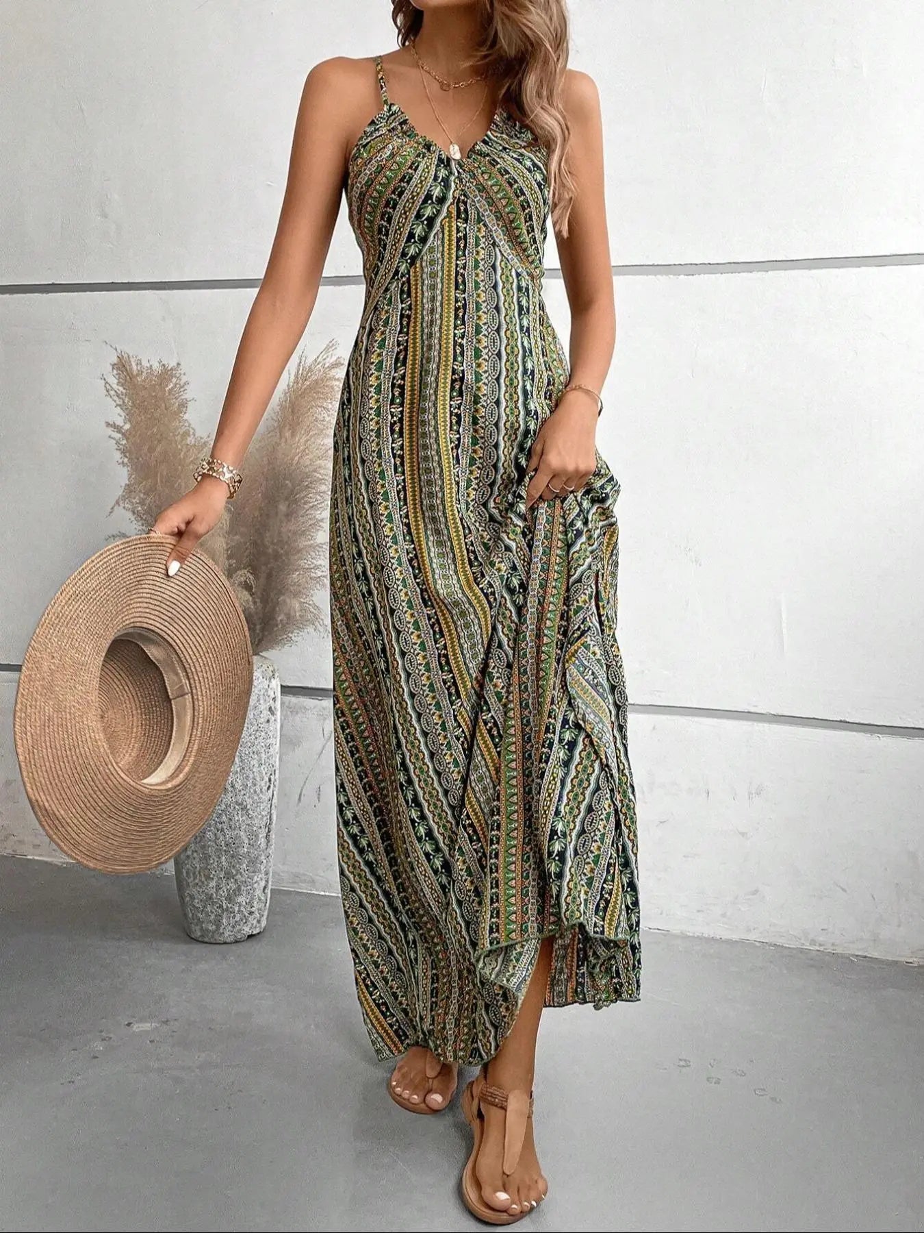 Women's Printed Split Long Sleeveless Dress, Classic Stripe Design, Backless Criss Cross Strap, Spring Summer Fall Wear, Casual Boho Elegant Bohemian Style Womenswear