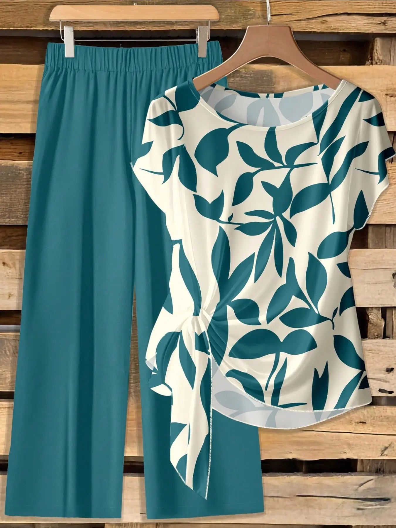 Women's Casual Printed Necktie Shirt and Loose Straight Pants Set, Perfect for Spring and Summer, Comfortable Two-Piece