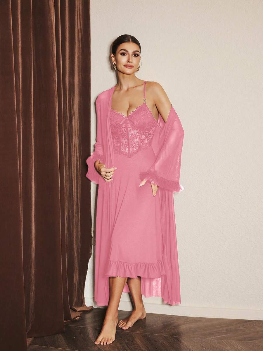 Slumberist 2pcs/Set Fishbone Design Waist Lace Camisole Nightgown + Floral Trim Wide Sleeve Mesh Robe