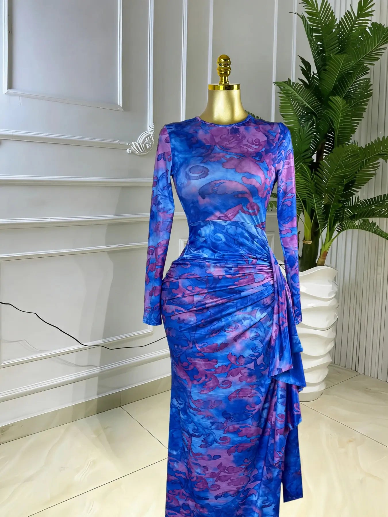 Elegant Feminine Women's Printed O-Neck Long Sleeve Ruffled Satin Belted Long Prom Dress, Club Sexy Evening Party Outfit Gown, Formal Wear, Female Fashion Music Festival Dress,Romantic Lady Skirt,Graduation Season Dress