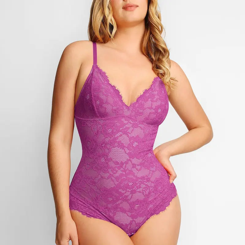 Popilush Basic Full Lace Built in Shapewear Bodysuit Women Vneck Compression Sleeveless Thong Tummy Control Backless Adjustable Sexy Bodysuit Womenswear Summervibe
