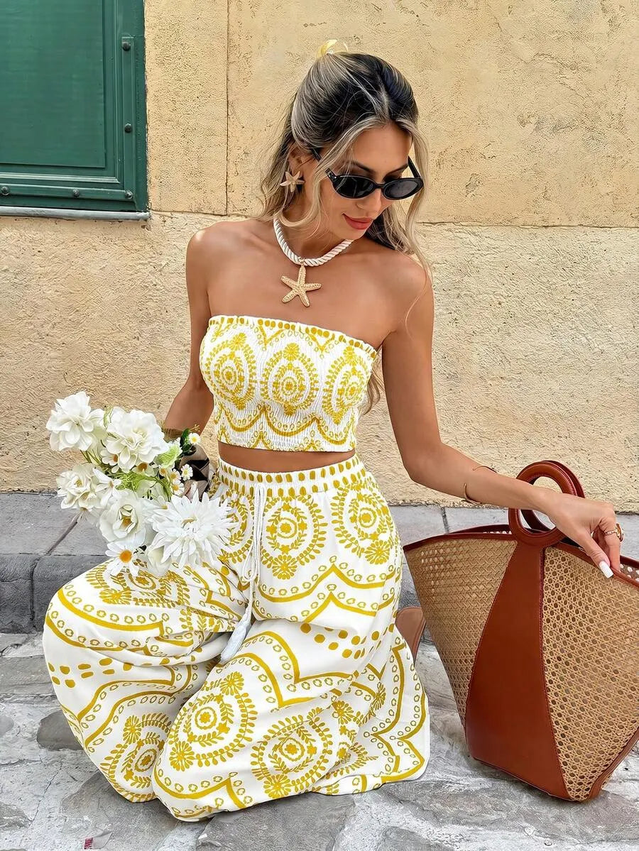 Frenchy Women's Blue And White Plant Print Cropped Tube Top & Wide Leg Pants 2 Pieces Set,Boho Summer Holiday Vacation Holiday Beach Bohemian Outfits Suit