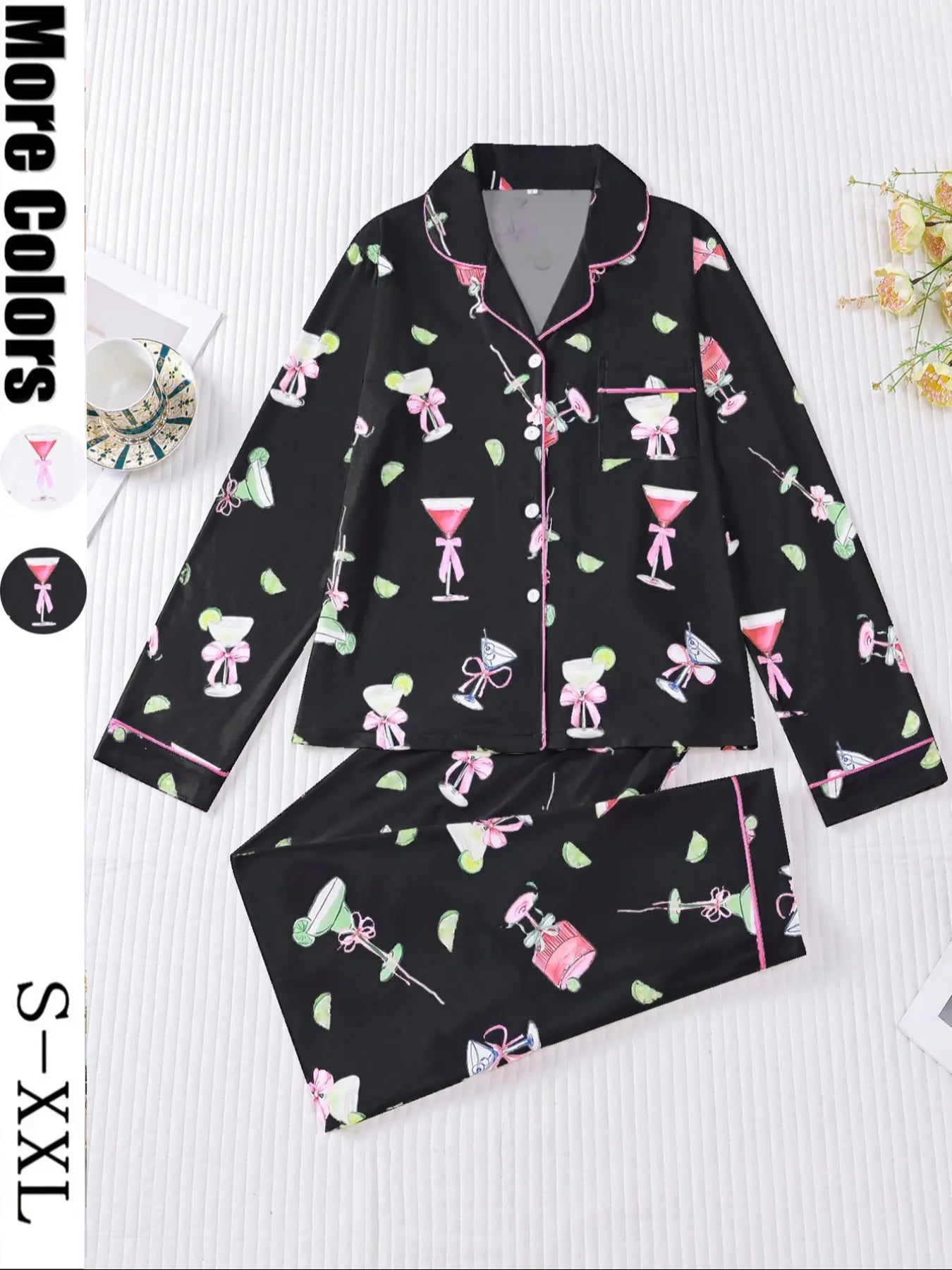 Women's Casual Pajama Set, Long Sleeve Button Front Shirt & Elastic Pants