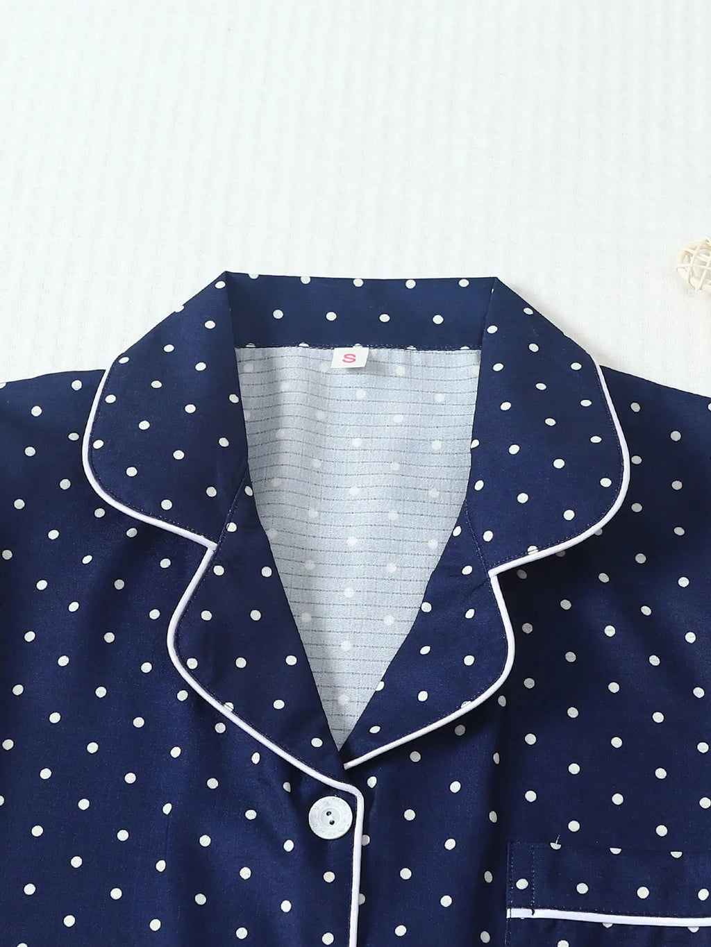 2pcs/Set Women's Mini Polka Dot Printed Pajama Set With Contrast Trim Button-Down Shirt And Bowknot Shorts, Perfect For Home Wear In Summer White Set,Two Pieces Set