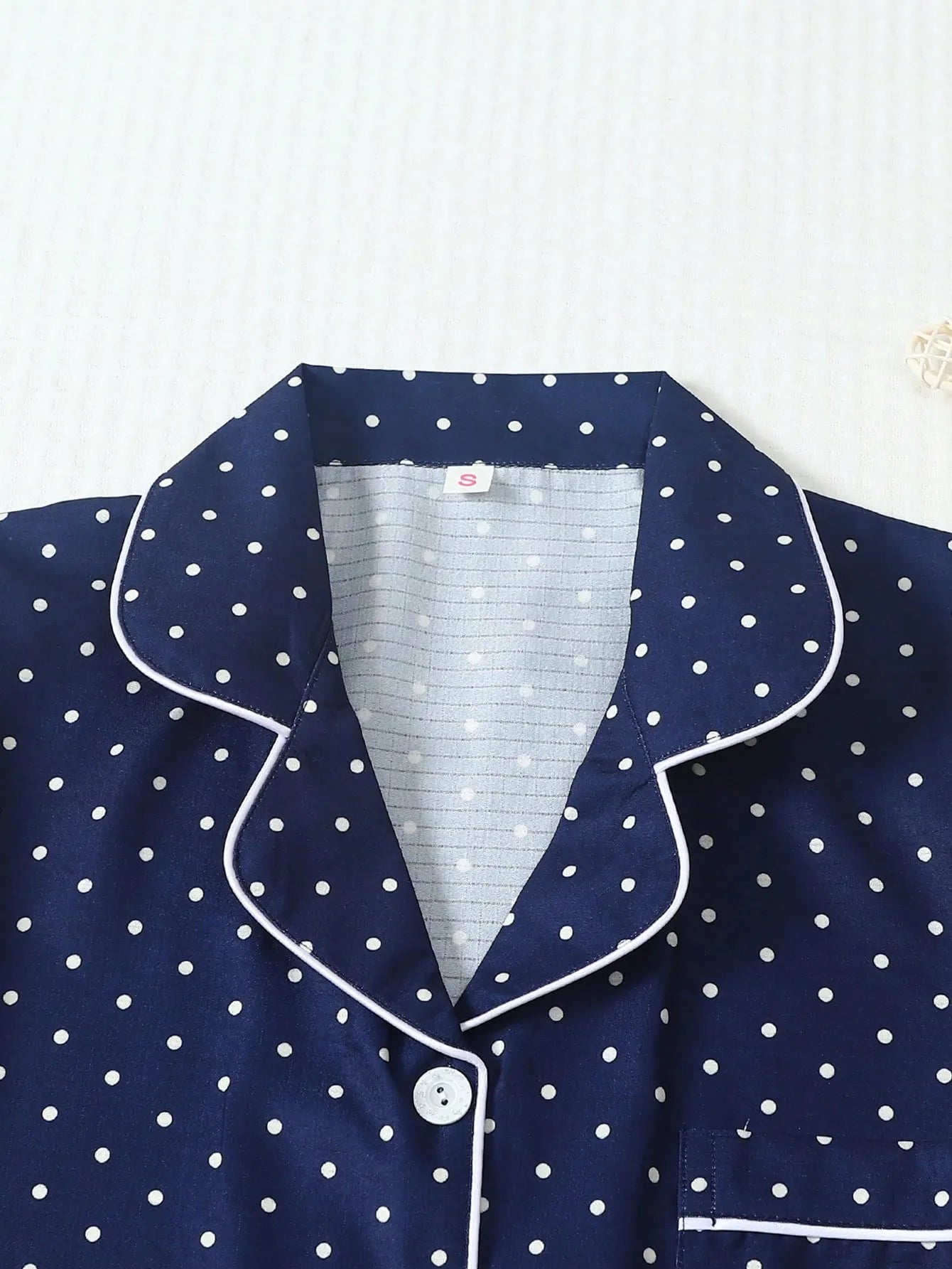 2pcs/Set Women's Mini Polka Dot Printed Pajama Set With Contrast Trim Button-Down Shirt And Bowknot Shorts, Perfect For Home Wear In Summer White Set,Two Pieces Set