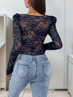 Women's Sexy Lace Trim Long Sleeve Square Neck Slim-Fitting Plain Multi-Color Knit Romper - Slim-Fitting Jumpsuit for Spring & Fall, Womenswear Bodysuit Top