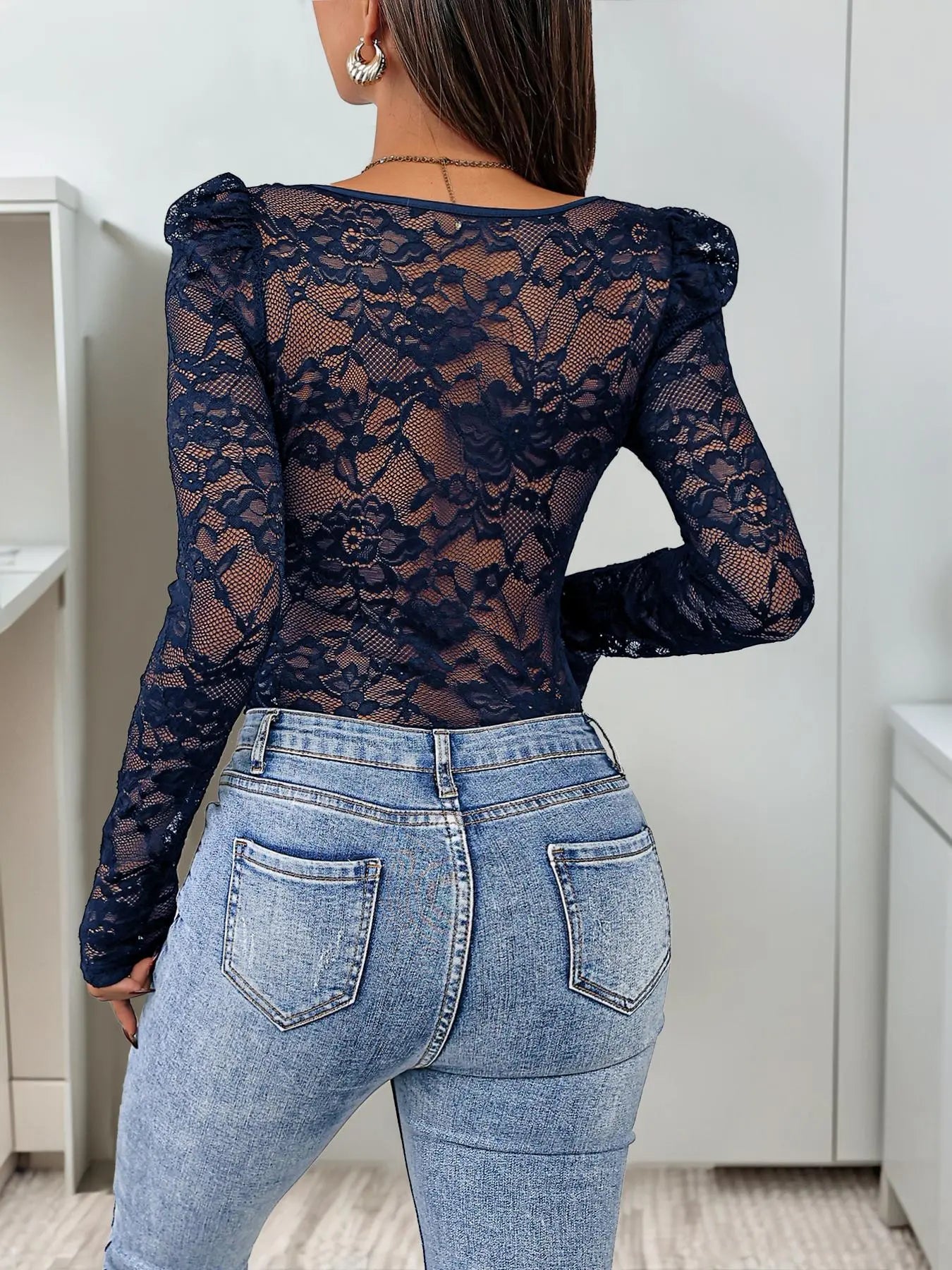Women's Sexy Lace Trim Long Sleeve Square Neck Slim-Fitting Plain Multi-Color Knit Romper - Slim-Fitting Jumpsuit for Spring & Fall, Womenswear Bodysuit Top