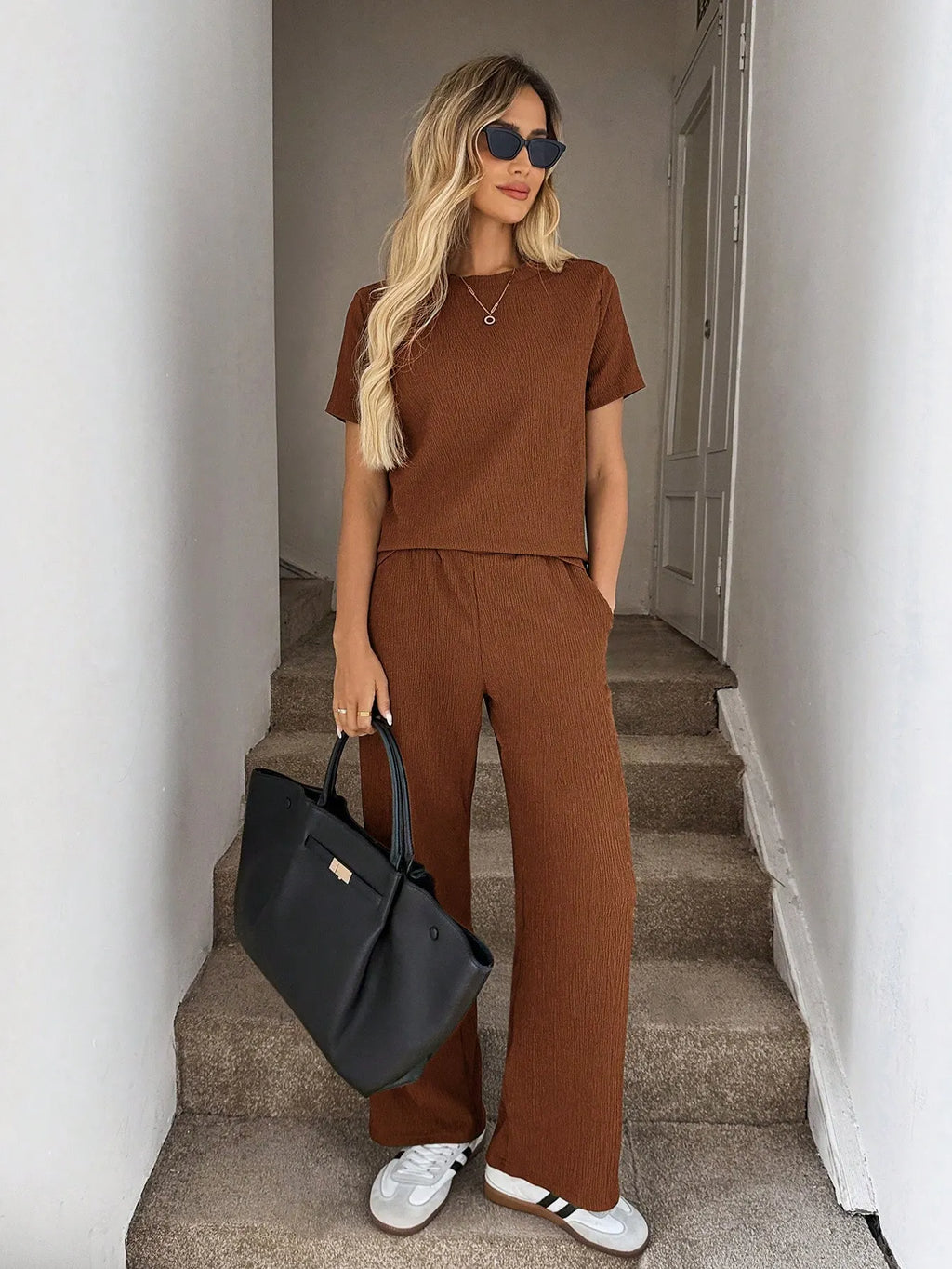 Solid Tee Wide Leg Pants,Casual Travel Coffee Brown Summer