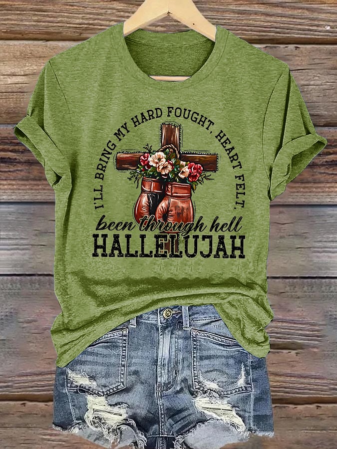 Women's  I'll Bring My Hard Fought Hallelujah Christian Cross Boxing Gloves T-Shirt