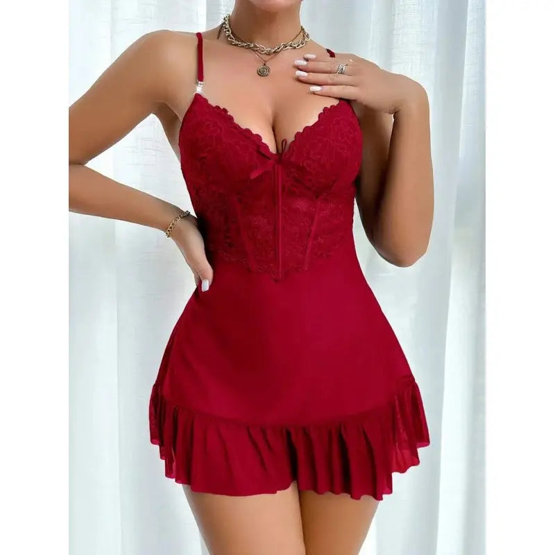 RRJ 2pcs/Set Fishbone Waistline Design Lace Cami Nightgown And Wide Sleeve Floral Lace Trim Mesh Robe lingerie women