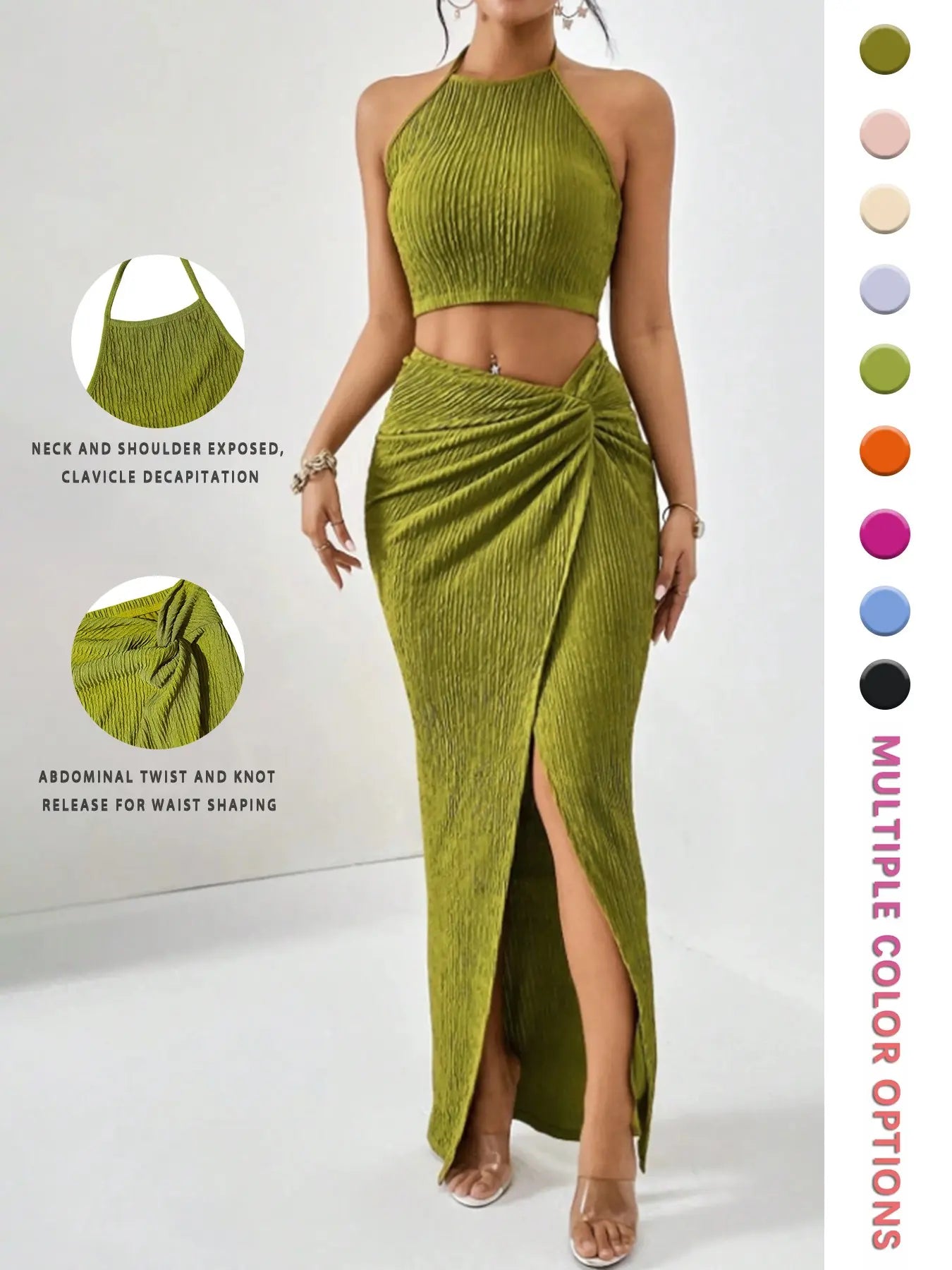 Women's Solid Color Crop Top & Split Hem Skirt Set
