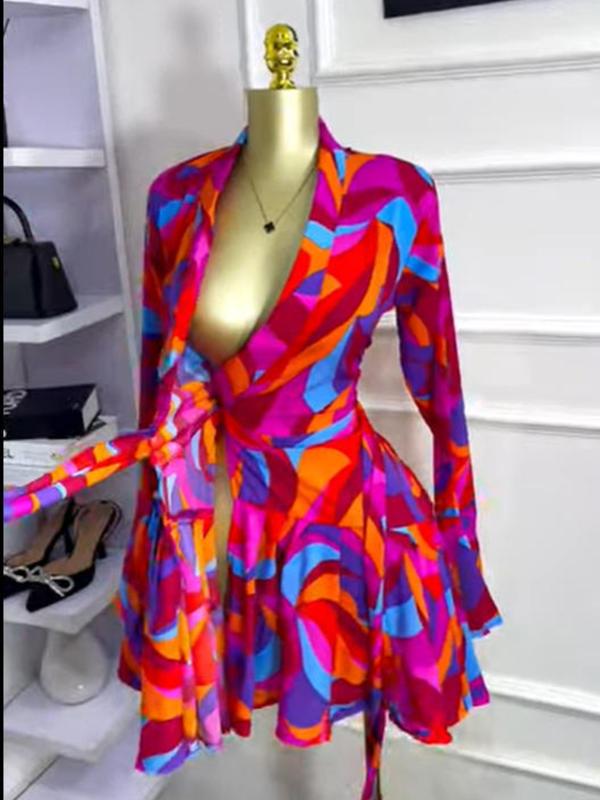 Women's Tie-Dye Print Flare Long Sleeve Dress, V-Neck Bow Hem, Fall Winter Wear, Elegant Vacation Party Birthday Dress