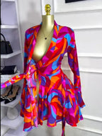 Women's Tie-Dye Print Flare Long Sleeve Dress, V-Neck Bow Hem, Fall Winter Wear, Elegant Vacation Party Birthday Dress