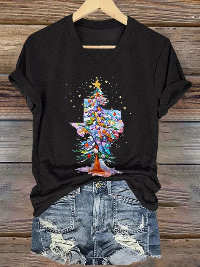 V-Neck Retro Texas Christmas Tree Watercolor Painting Print T-Shirt